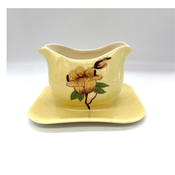 MCM Weil Ware Yellow Rose California Pottery Gravy Boat w/ Attached Under Plate - Picture 1 of 6